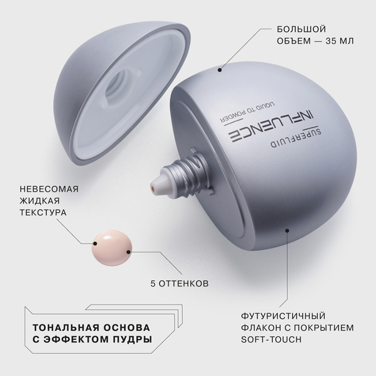 Тональная основа с эффектом пудры Superfluid, тон 01 ultra light / светло-бежевый с розовым подтоном от Influence Beauty + 3
